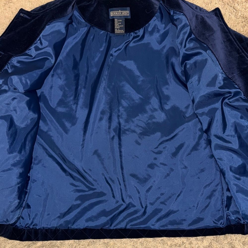 Vintage Herman Geist Blue Quilted Velvet Blazer Gold Buttons size L Quiet Luxury - Picture 3 of 11